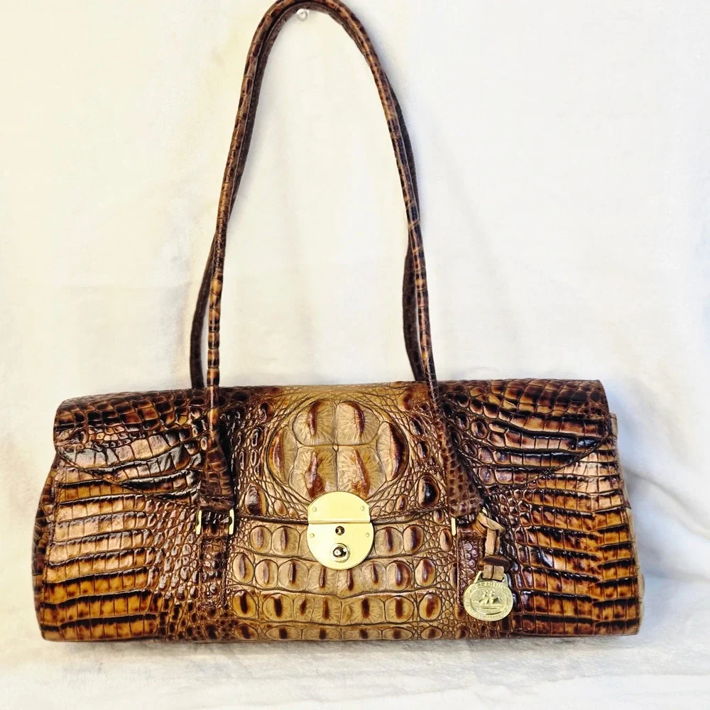 Brahmin Melbourne Crocodile Embossed Leather Satchel Bag Pecan Brown Gold Lock